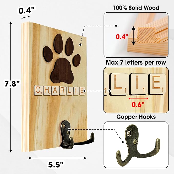 Dog Leash Holder Wall Mount, Pet Harness Hanger with Scrabble Letters, Dog Collar Organizer for Entryway, Memorial Cat Leash Holder for Wall, Pet Loss Gifts, Keepsake, Home Decor PF212-NAT
