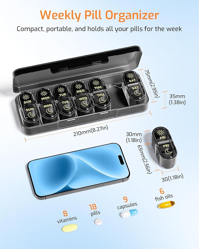 Daviky Pill Organizer 2 Times a Day, AM PM Pill Organizer Box Weekly 7 Day | Portable Travel Pill Organizer, Cute & Compact, Easy-Open Large Compartments, Reusable for Pills, Vitamins & Supplements
