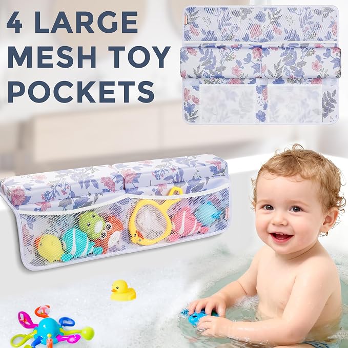 Bath Kneeler and Elbow Rest Pad Set, 1.5” Thick Bathtub Kneeling Mat | Cozy Memory Foam, Non-Slip 6 Suction Cups and 4 Toys Organizer Pockets, Quick-Dry Bath Kneeling Pad for Babies Toddlers