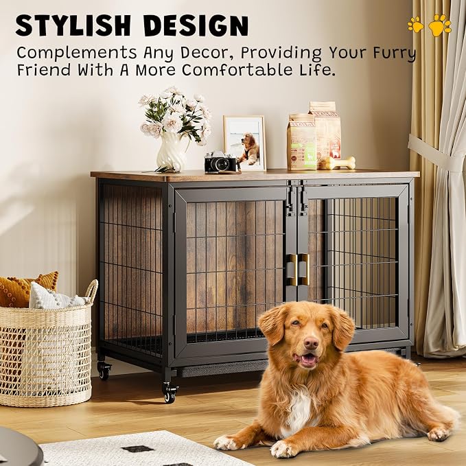 GarveeLife 37.5 in Dog Kennel Furniture, Heavy Duty Dog Crate Furniture with Wheels, Grid Base, Removable Tray, Latches, Indoor Farmhouse Dog Cage for Medium and Small Dogs, Brown