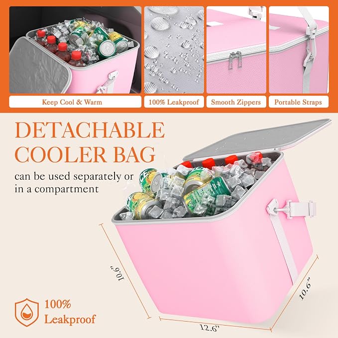 HOTOR Trunk Organizer, Sturdy Foldable with Cooler for Car, Sudan & SUV | Car Organizers and Storage, Detachable Cooler Bag, for Tools, Camping, 3 Compartments, Pink, 31.5” x 12.6” x 10.6”
