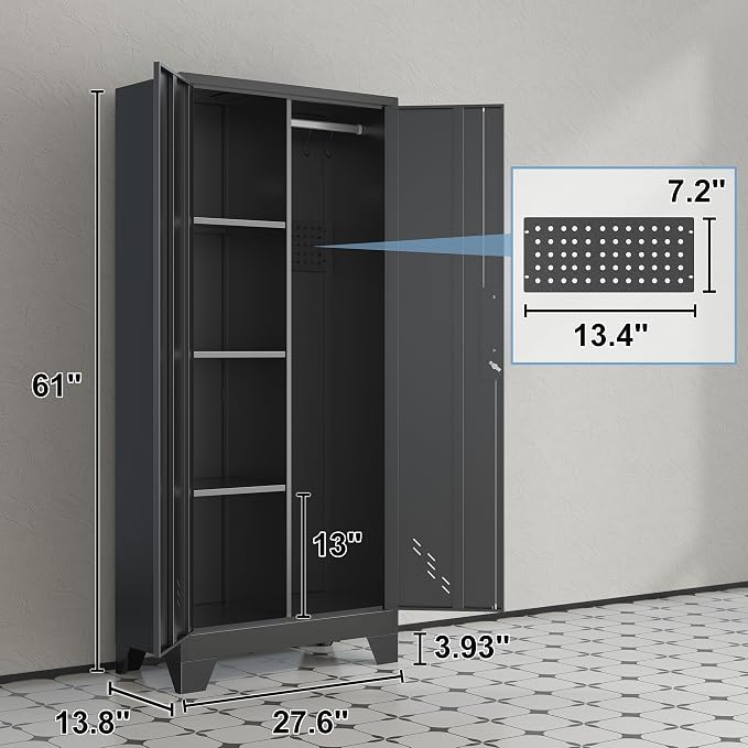 61" Metal Storage Cabinet with Lockable Doors, Cleaning Supply Cabinet with Pegboard and Hanging Rod. Garage Tool Storage Cabinets for Home, Laundry, Office, Home Kitchen Utility Cabinet