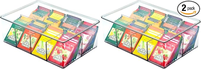 Youngever Large Plastic Tea Packet Organizer with Lids, Reusable Food Packet Storage Container Divided into 8 Compartments, Tea Bags Storage Bin (11" x 7.5" x 4") (Pack of 2)