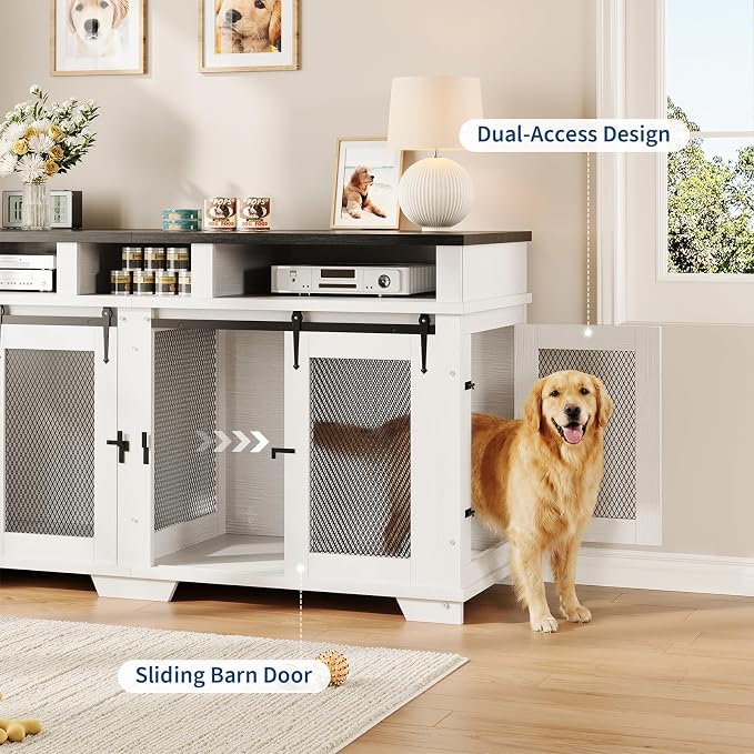 71" Dog Crate Furniture for 2 Dogs, Heavy Duty Indoor Dog Kennel TV Stand, End Table Dog Crate, XL Wooden Dog Cage with Divider for Medium Large Dogs