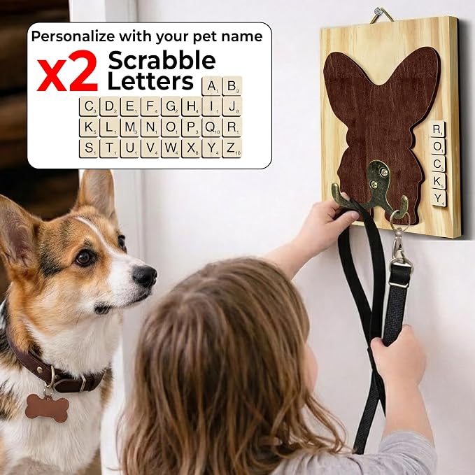 Corgi Dog Leash Holder Wall Mount with Scrabble Letters, Wooden Dog Wall Hook Organizer, Pet Collar and Harness Holder, Entryway Key Hook and Leash Rack, Pet Lovers Gift Decor PF297-29