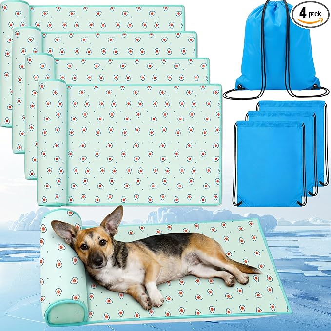 DoubleFill 4 Pack Cooling Pet Mats 23.6" x 31.5" Cooling Dog Beds with Supportive Pillow Self Ice Cool Pads Washable Summer Cat Sleeping Pad with Storage Bag for Summer Crate Floor (Large, Green)