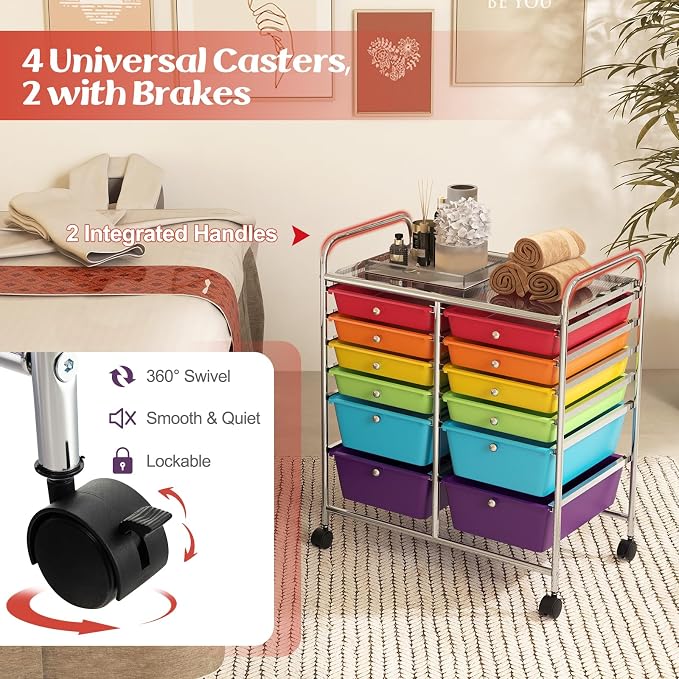 12 Drawer Rolling Storage Cart, Art Cart Organizer on Wheels, Mobile Utility Cart with Drawers, Multipurpose Craft Drawers for Home Office School Classroom (Multicolor)