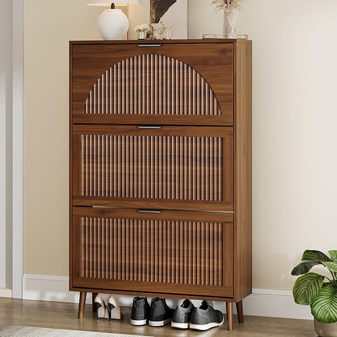 Shoe Storage Cabinet with 3 Flip Drawers, Narrow Wood Shoe Organizer Cabinet with Fluted Panel, Slim Shoe Rack for Entryway, Freestanding Shoe Cabinet for Living Room, Hallway, Walnut
