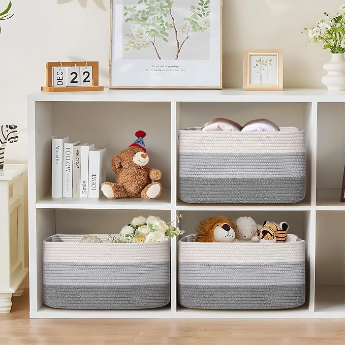 3 Pack Large Storage Basket for Organizing, 17.5"x13"x7" Woven Basket for Shelves, Closet Cube Storage Bins with Wrapped Handle, Cotton Rope Baskets for Kitchen, Clothes, Toys(Gradient Grey)