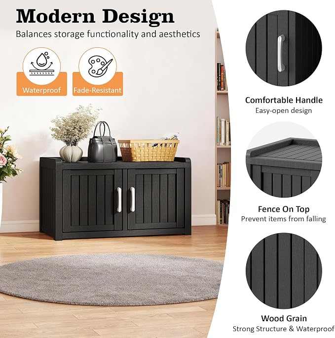 NUNU LAB Outdoor Storage Bench with 2 Barn Doors - Waterproof UV-Resistant Shoe Cabinet for Entryway, Indoor & Outdoor Use, Adjustable Shelves, Easy Assembly (Black, 31.7IN)