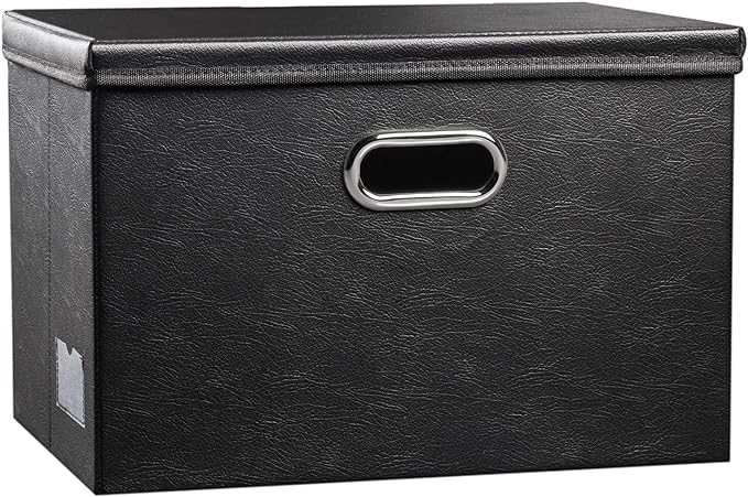 Large Collapsible Storage Bin with Lid [1-Pack] Leather Fabric Foldable Storage Box Organizer Containes Basket Cube with Cover for Home Bedroom Closet Office Nursery Black (17.7x11.8x11.8)