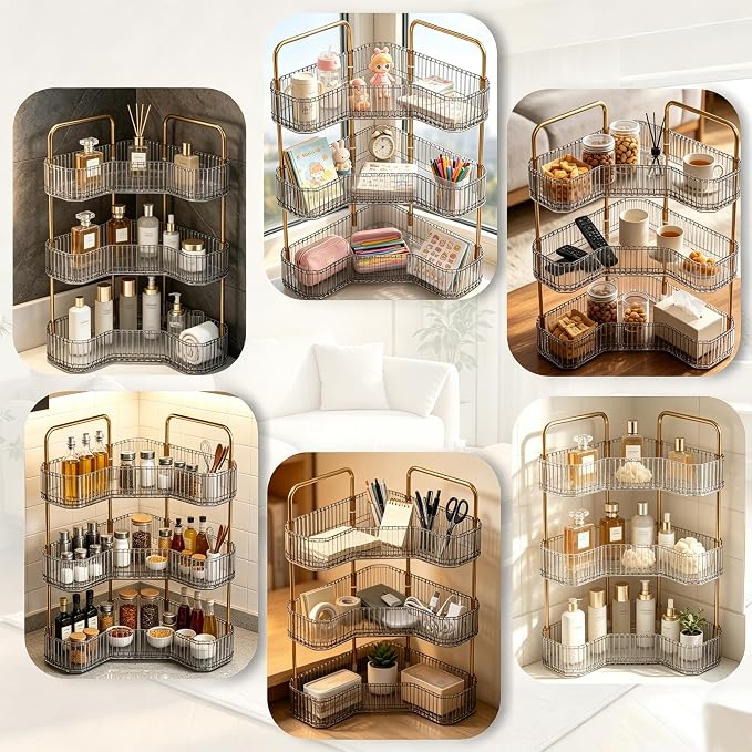 3-Tier Corner Bathroom Organizer, Skincare Vanity Counter Shelf Grey | Premium PET Perfume Display Stand with Gold Metal Rods, Space-Saving 90 Degree Storage Rack for Dresser