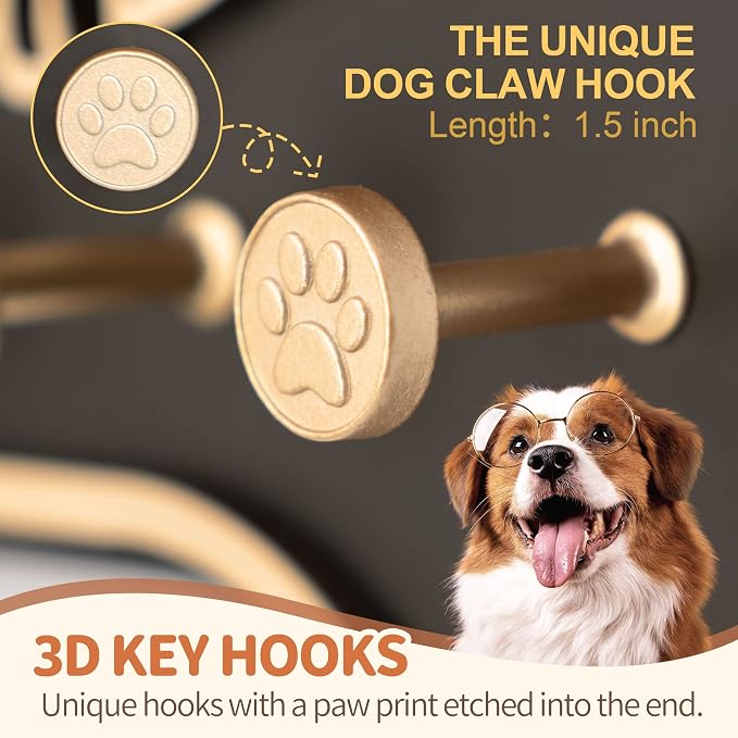 MTERSN Dog Leash Holder Wall Mount with 3D Paws Hooks for Home Decor, Black | Bone-Shape Dog Leash Holder for Wall, Decorative Leash Holder, 5 Dog Leash Hook, Pet Accessories Storage, Gift for Dog Lovers
