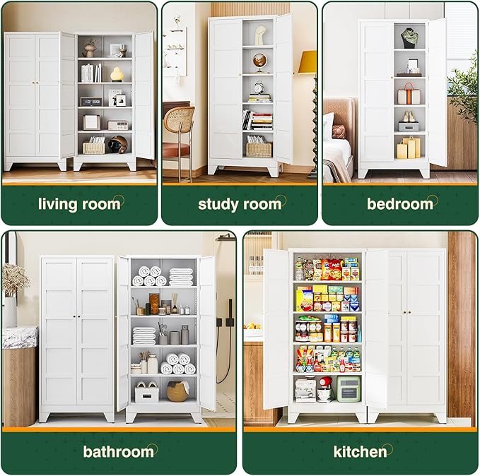 72" H Metal Storage Cabinet with 2 Doors and 4 Shelves,Tall Kitchen Pantry Cabinets,Utility Pantry Organizers for Cupboard/Dining/Bathroom/Home Office/Garage (White, 72" H x 18" D x 33.5" W)