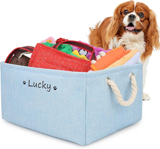 Personalized Dog Toy Storage Basket Bin, Customized Pet's Name Storage, Collapsible Organizer Box for Dog Toys, Clothing, Apparel & Accessories (Blue, L)