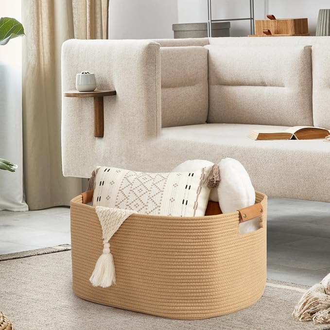 danpinera Large Blanket Basket for Living Room, 72 L Woven Cotton Rope Baskets for Kids Toy, Pillows, Towels, Cotton Organizing with leather handle, Storage Bin for Nursery, 22’’*17’’*11.8’’ Jute