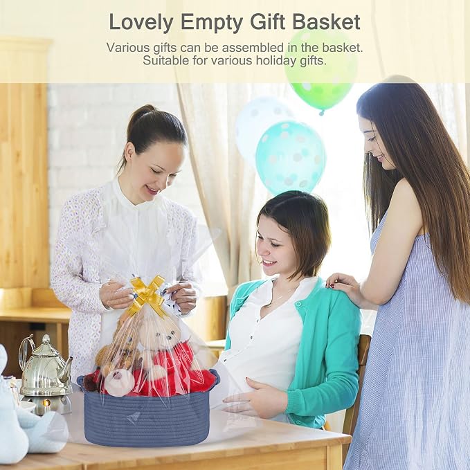 Small Empty Gift Basket with Bag & Ribbons, Folkstone Gray | 12“x8”x5”, Cotton Rope Woven Basket for Birthdays, Baby Showers, Mother's Day, Christmas; Stores Small Items, Kids & Pet Toys
