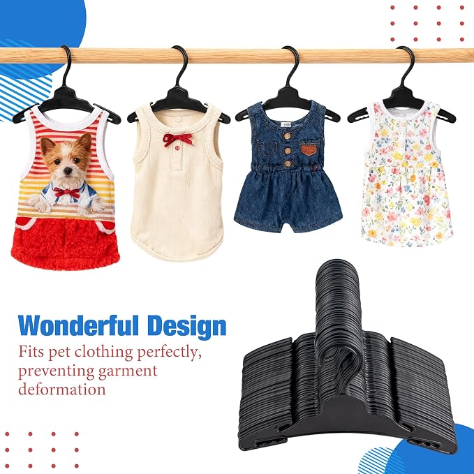 20 Pcs Dog Clothes Hangers 7 Inch Black Plastic Pet Clothes Hangers with Non-Slip Clips, Cat Clothing Hangers, Pet Clothing Holders Coat Hangers for Small Pet Such as Dog & Cat Costumes