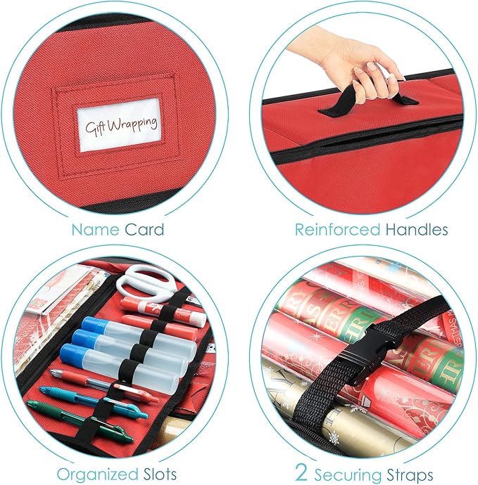 Hearth & Harbor Wrapping Paper Storage Container - Christmas Storage Bag with Ribbon Dispenser and Interior Pockets - Gift Wrap Organizer Fits Up to 26 Rolls of 40" Length, Red