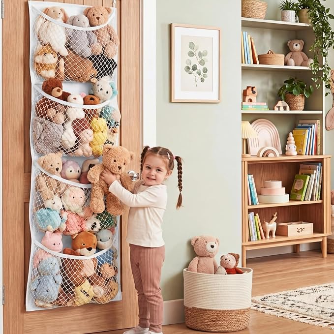 Over The Door Stuffed Animal Storage, Cotton Toy Organizer for Storage Plush Toys, Stuffed Animal Holder with 4 Large Pockets, Hanging Door Organizer for Nursery, Bedroom (White)