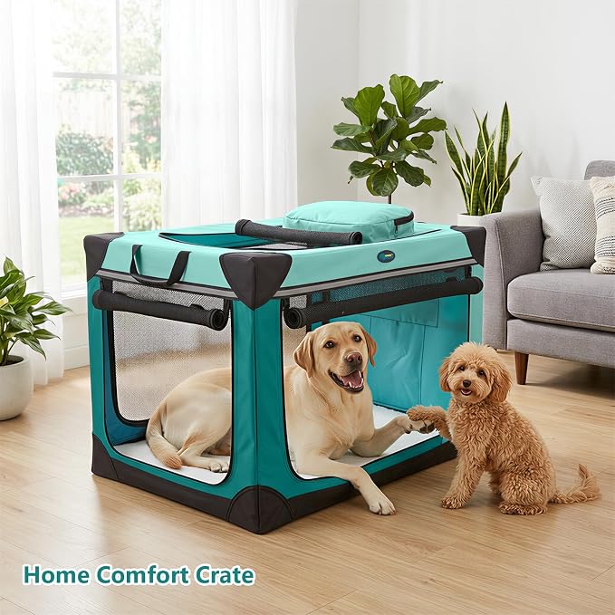 Ownpets Collapsible Dog Crate, 42 inch Portable Travel Dog Crate for Large Dogs, 4-Door Foldable Pet Kennel with Durable Mesh Windows & Soft Mat | Foldable, Portable, 4-Doors, 4-Side Mesh Windows, Steel Frame Oxford Cloth, Soft Cushion Mat, Leash, Easy...