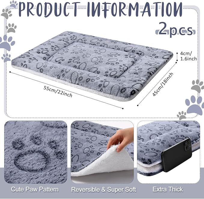 2 Pack Self Warming Cat Mat Self Heating Pad Bed Reversible Machine Washable Reflects Body Heat Warm Thermal Pet Pad Crate Blanket for Feral and Indoor Cat (Grey,22'' X 18'',Dog Paw)
