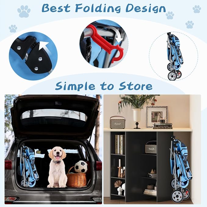 Dog Stroller With Storage Basket,3 Wheels Pet Stroller,Breathable Compact Portable Folding Carrier For Travel,Camping,Dog Carrier For Small Medium Dogs Or Cats,Lightweight Waterproof Pet Stroller,BLUE