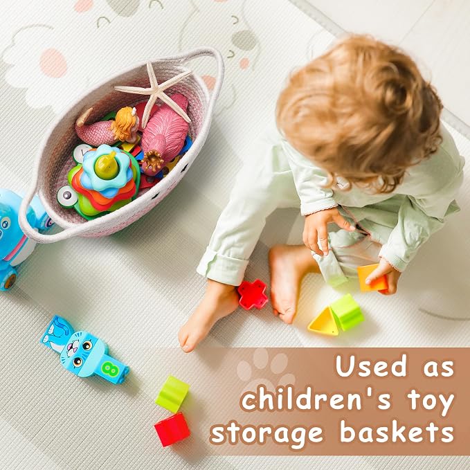STOBSK Small Woven Baskets for Organizing with Handle Cute Cotton Basket for Nursery Gift Dog Cat Toy Storage Basket for Toy Organizer-Pink