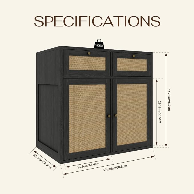 PureCozy Wooden Side Cabinet for Dog Crate Furniture, 40 Inch, Black Oak | Complementary storage unit with cane doors and 2 drawers; pairs with PureCozy dog crate furniture for indoor use.