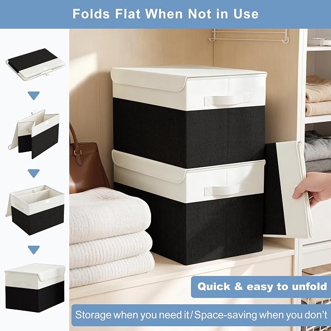Large 22 Quart Linen Fabric Foldable Storage Bin Cube Organizer Basket with Flip-Top Lid & Handles, Clothes Blanket Box for Home, Office, Closet, Black & White, 4 Pack 14.6 x 9.5 x 9.5