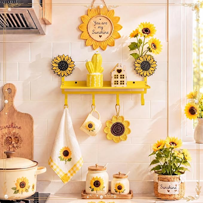 Yellow Sunflower Coat Rack Wall Mount with Shelf Metal Entryway Hanging Shelf with 4 Hooks Cute Beach Coastal Bedroom Accessories Decor for Dog Leash Pet Collar Keys Clothes Hats Towel Purse