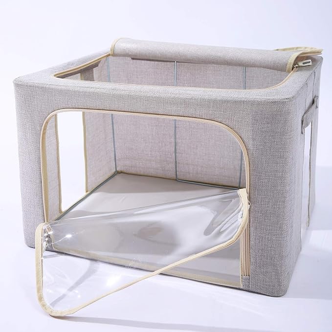 CYhom 3Pack Foldable Storage Bins - Frame Storage Box Linen Fabric Stackable Clothes Container Organizer with Clear Window & Carry Handles Large Capacity (Large-66L, Light Grey)
