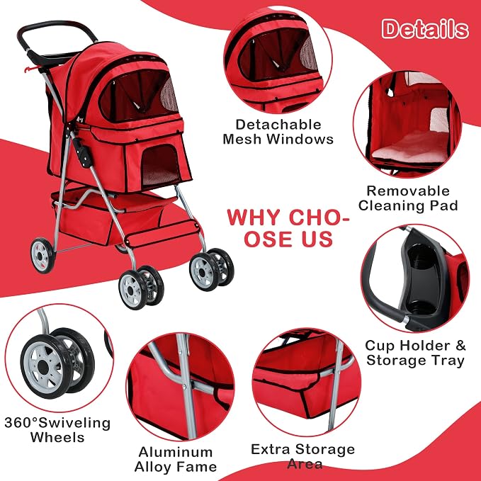 Pet Stroller,4 Wheels Dog Stroller with Storage Basket,Compact Portable Folding Carrier for Travel,Camping,Dog Carrier for Small Medium Dogs Or Cats,Lightweight Waterproof Pet Stroller,Red