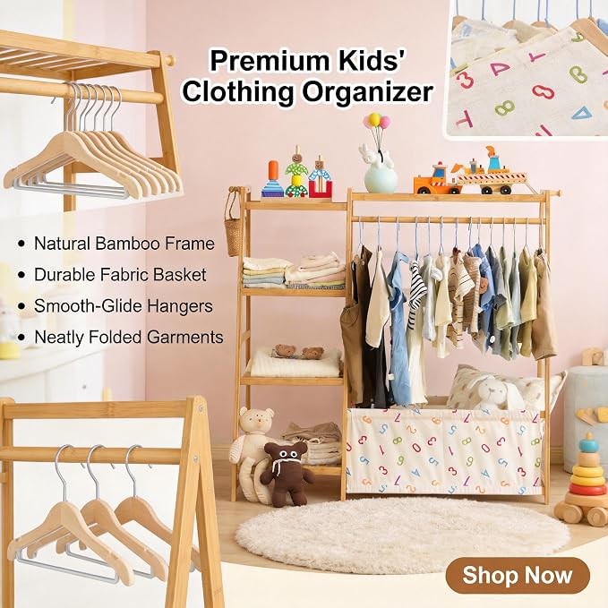 Baveke Kids Clothing Rack- Toddler Dress Up Rack with 5-Tier Open Shelves & Storage Bag, Baby Clothes Rack Small, FSC-Certified Bamboo Garment Rack & Free Standing Clothes Rack, Mini Clothing Rack