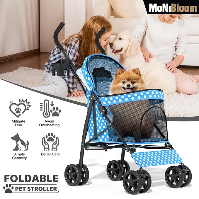MoNiBloom Pet Stroller for Small/Medium Dogs and Cats, Sky Blue Polka Dots | Foladble 4 Wheels Easy-Fold Puppy Cage Jogger Stroller with Sun Cover, Pad and Rear Storage Bag, Breathable and Visible Mesh