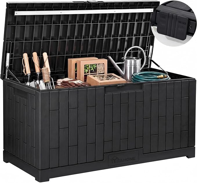 YITAHOME Large Deck Box 120 Gallon Resin Outdoor Storage Box | Patio Storage Bin and Bench Seat for Outdoor Pillows, Garden Tools and Pool Supplies, Waterproof Lockable, Black