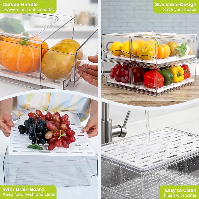 4Pack Fridge Organizer, Stackable Refrigerator Organizer Bins | Reusable Food Storage Containers, BPA-Free with Drain Tray for Kitchen, Refrigerator, Pantry (4 Drawers, Large, Medium)