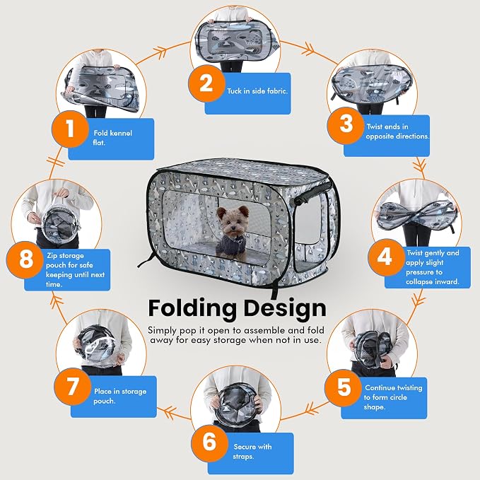 Portable Collapsible Pop Up Kennel, 40" L x 27" W x 27" H, Tail Waggers | Collapsible indoor/outdoor travel cat and dog crate with mesh screen windows pops up and folds flat for easy storage