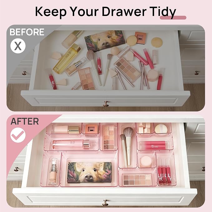 Vtopmart 25 Pack Plastic Drawer Organizers with Non-slip Rubber Pads | 4-Size Versatile Makeup Organizer, Storage Containers Small Bins for Makeup, Jewelries, Bedroom, Kitchen Utensils and Office