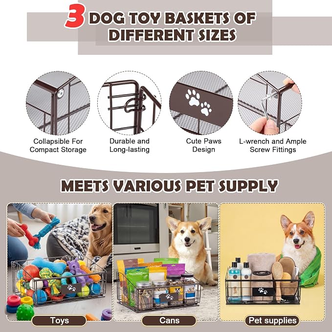 3 Pack Metal Dog Toy Baskets Multi-sized Foldable Dog Toy Bins Box Storage Container Organizer for Living Room Area Decorative Pet Accessories Coat Clothing Storage Holder Baskets(Bronze)