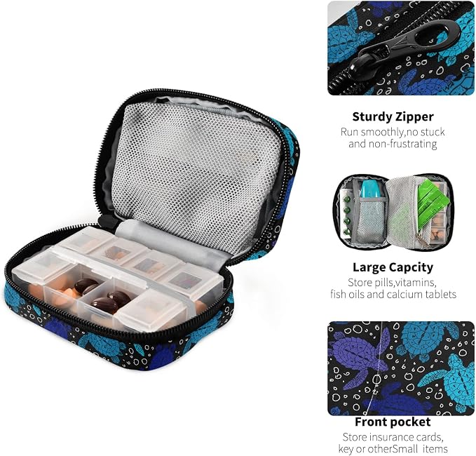 Pill Case 7 Day Pill Organizer Turtles Ocean Cute Travel Pill Case Portable Weekly Pill Box Bag Container Vitamin Supplement Holder with Zipper for Family Business