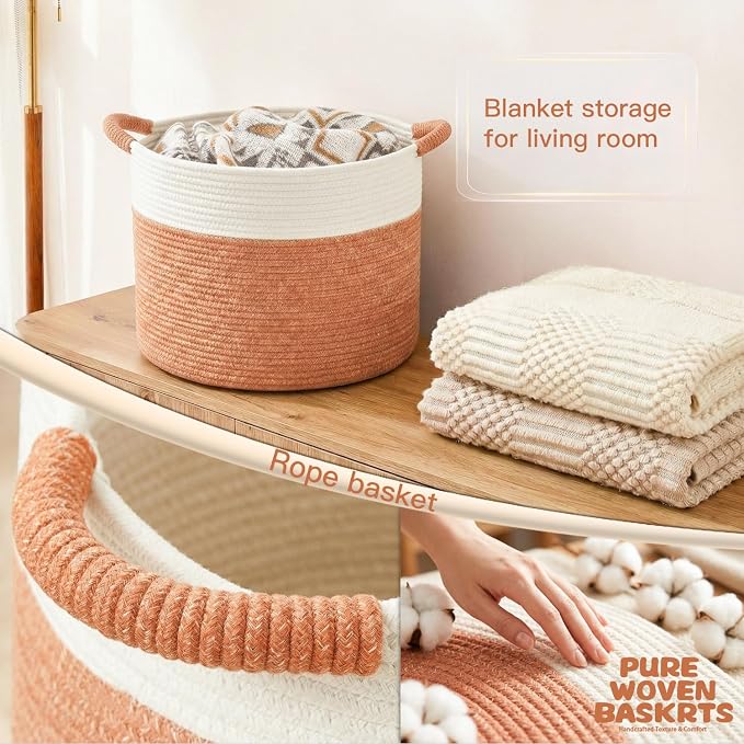 Artfeel 40L Large Cotton Rope Basket, Decorative Woven Blanket Storage for Living Room, Boho Toy Storage & Toy Box for Kids, Versatile Laundry Basket & Nursery Hamper for Blankets(Orange)