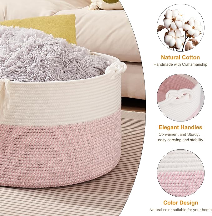 OIASKET Large Blanket Storage Basket for Living Room, 22.8" x 22.8" x 13" Woven Cotton Rope Basket with Handles, Baby Toy Storage, Laundry Hamper for Clothes, Pillows, Towels-Pink and White