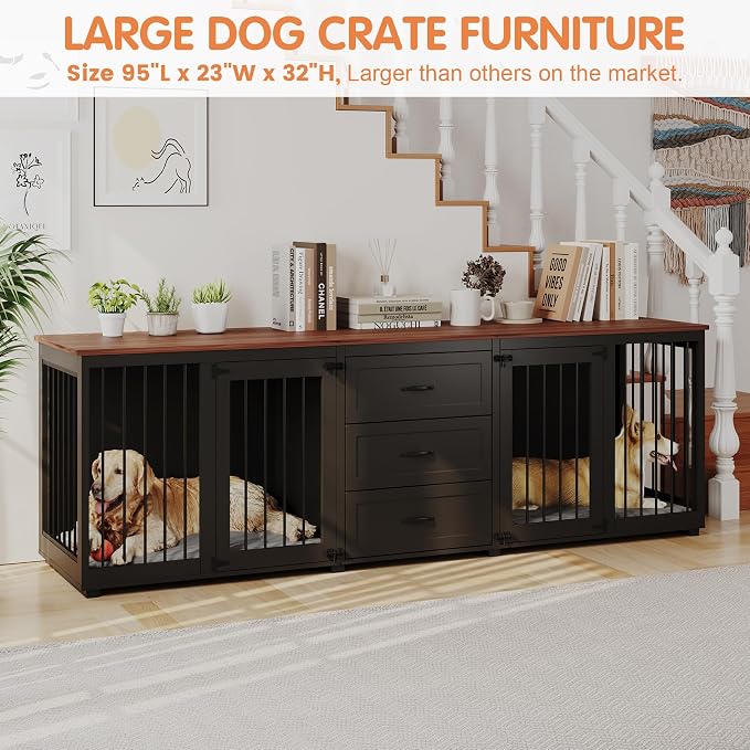 Dog Crate Furniture, Indoor Wooden Farmhouse Dog Kennel Furniture with 3 Drawers & 2 Lockable Doors, 95"x23.6"x32"H, Black