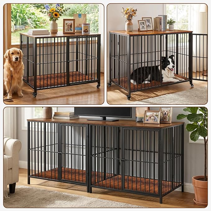 42.3" Large Dog Crate Furniture Foldable, Easy Assembly Dog Kennel Indoor, Heavy Duty Wooden Dog Cage End Table with Wheels, for Small/Medium/Large Dogs