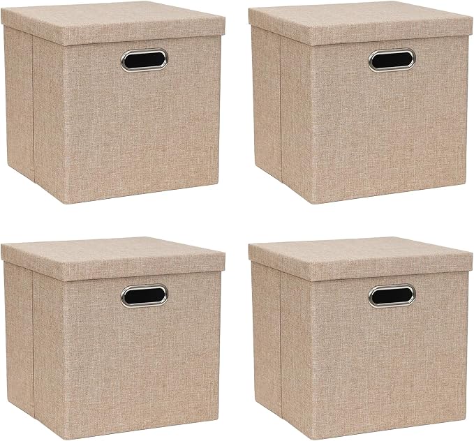 Storage Bins with Lids, Collapsible Linen Fabric Boxes Organizer Containers with Lid Foldable Storage Box Basket for Closet, Shelves, Home, Office, 11 x 11 x 11.4 Inch, 4 Pack, Khaki