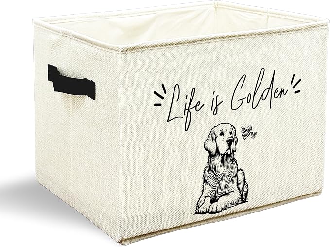 Funny Golden Retriever Dog Toy Basket, Dogs Lover Gifts, Life Is Golden Humorous Collapsible Pet Dog Toy Storage Bin Box Basket Organizer, Pet Supplies for Dogs
