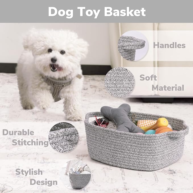 CHICVITA Small Woven Rope Gift Basket, Decorative Boo Basket, Grey | 13" x 10" x 5" Storage Baskets for Baby Shower & Nursery Essentials, Fits Shelf & Closet Organization, Built-In Handles