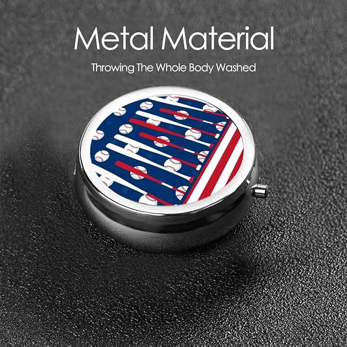 Purse Pill Case, Compact Round Holder for Vitamins, Travel Organizer Pocket Friendly, Moisture Proof Design for Women, Baseball Sport American Flag