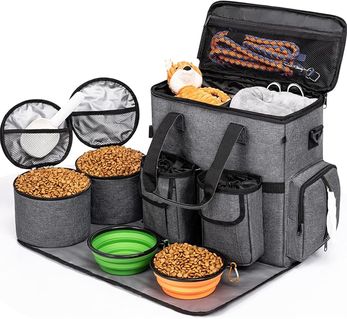 Modoker Dog Travel Bag Backpack, Airline Approved Pet Accessories Organizer for Dog and Cat with Shoulder Strap, 2 Dog Food Storage Containers, 2 Collapsible Dog Bowls,1 Pet Mat, Rose Red | Dog travel accessories set with feeding supplies, bowls, mat, ...